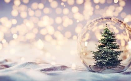 Christmas tree in glass ball on snow. Glitter lights