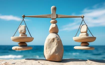 Balanza con la playa de fondo. Imagen generada con IA.